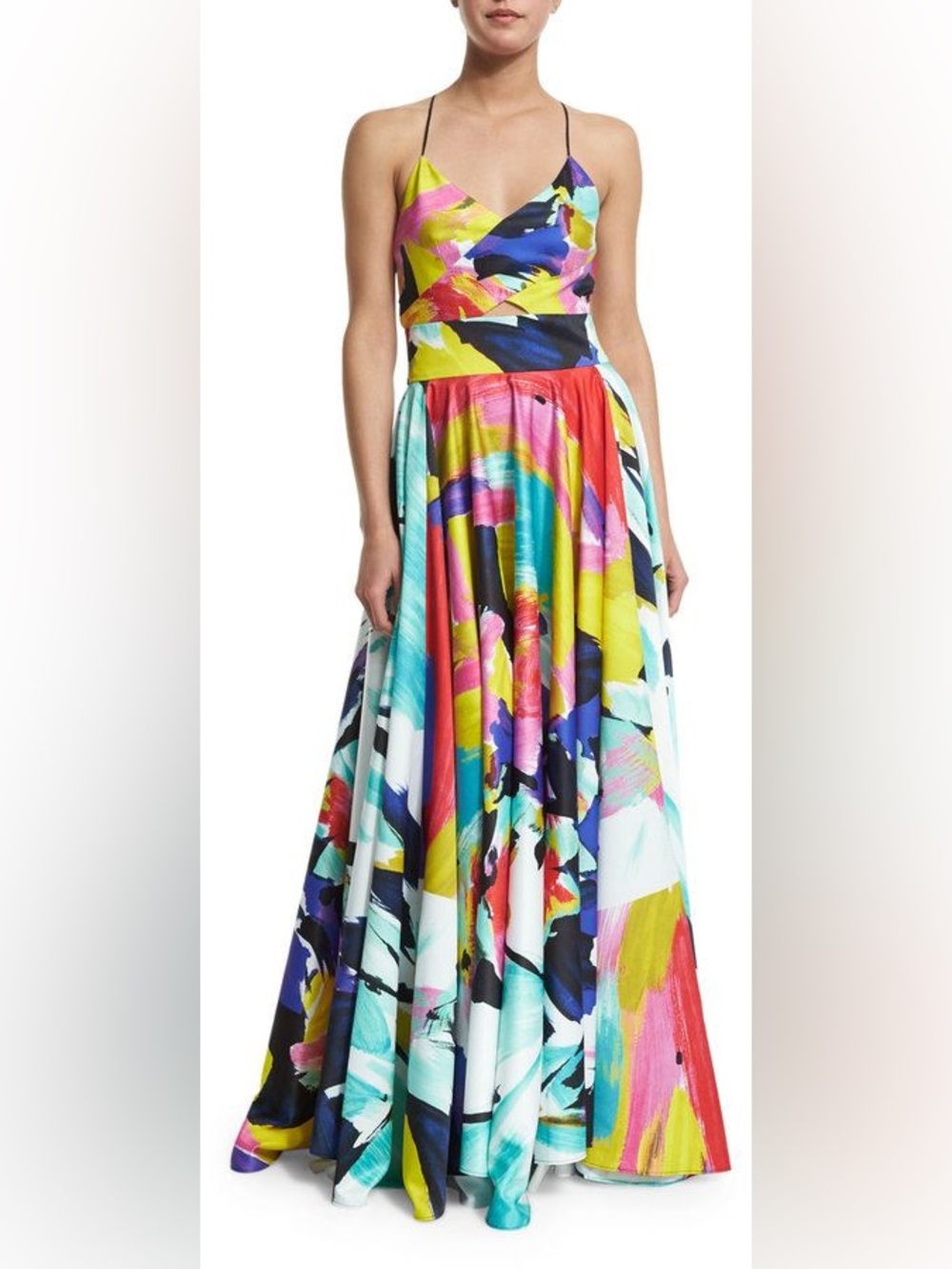 Milly Designer Multi-Color Abstract Print Maxi Gown - Cross back Strap